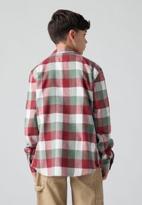 Geruit flanellen shirt in rood, groen en wit; heeft een button-down kraag en lange mouwen met knoopmanchetten; zachte textuur.