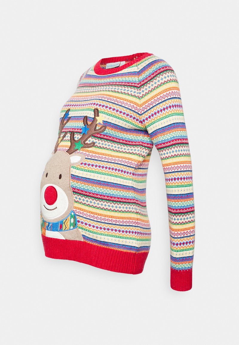 Rot gestreifter Pullover mit Rentiermotiv. Verfügt über bunte horizontale Streifen, eine kuschelige Textur, einen runden Ausschnitt und gerippte Bündchen.