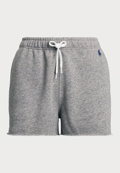 Grijze katoenen shorts in een gemengde stof met een elastische tailleband, een witte trekkoord en een klein blauw logo aan de voorzijde. Voorzien van een rafelige zoom.
