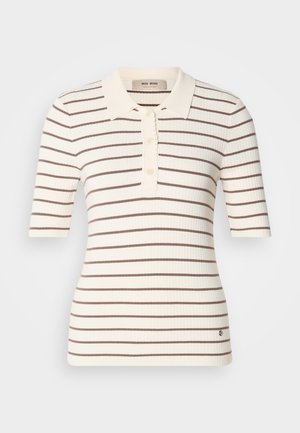 Ribbed polo paita vaaleassa kermaiseen sävyyn, jossa on ruskeat vaakaraitat. Varustettu kauluksella, napilla ja lyhyillä hihoilla. Huomaamaton logo yksityiskohta helmassa.