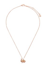 Rose gold chain necklace with a small detailed rabbit pendant and adjustable clasp closure.