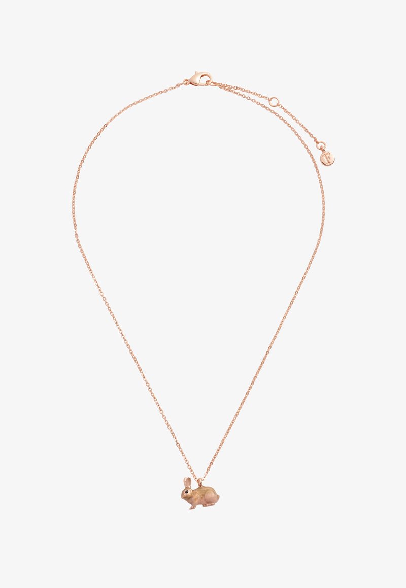 Rose gold chain necklace with a small detailed rabbit pendant and adjustable clasp closure.