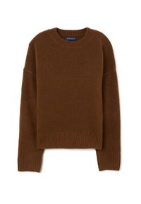 Maglione a maglia marrone con scollo rotondo, spalle scese e polsini e orlo a coste. Tessuto morbido, lunghezza cropped. Etichetta del marchio visibile.