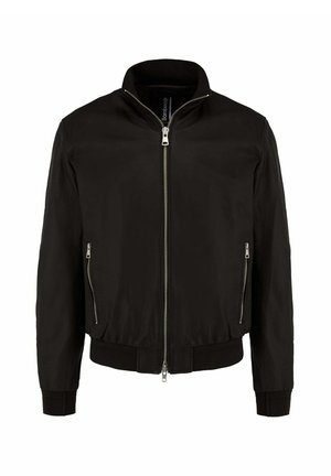 Giubbotto bomber nero con zip frontale, due tasche laterali con zip, polsini e fascia in costina.