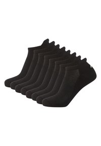 Black ankle socks, made of a ribbed material. Present in a set of eight, featuring a reinforced toe and a low-cut design with a textured pattern.