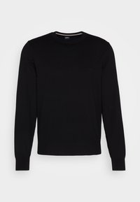 Pull noir à manches longues col rond avec poignets et ourlet côtelés, avec un logo brodé discret sur la poitrine et une étiquette à l'intérieur du col.