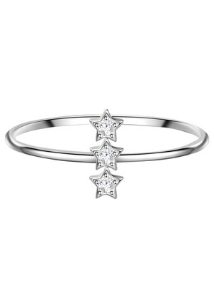 Silberring mit drei sternförmigen Akzenten, von denen jeder einen zentralen klaren Stein hat und ein symmetrisches Design schafft. Glatte Oberfläche.