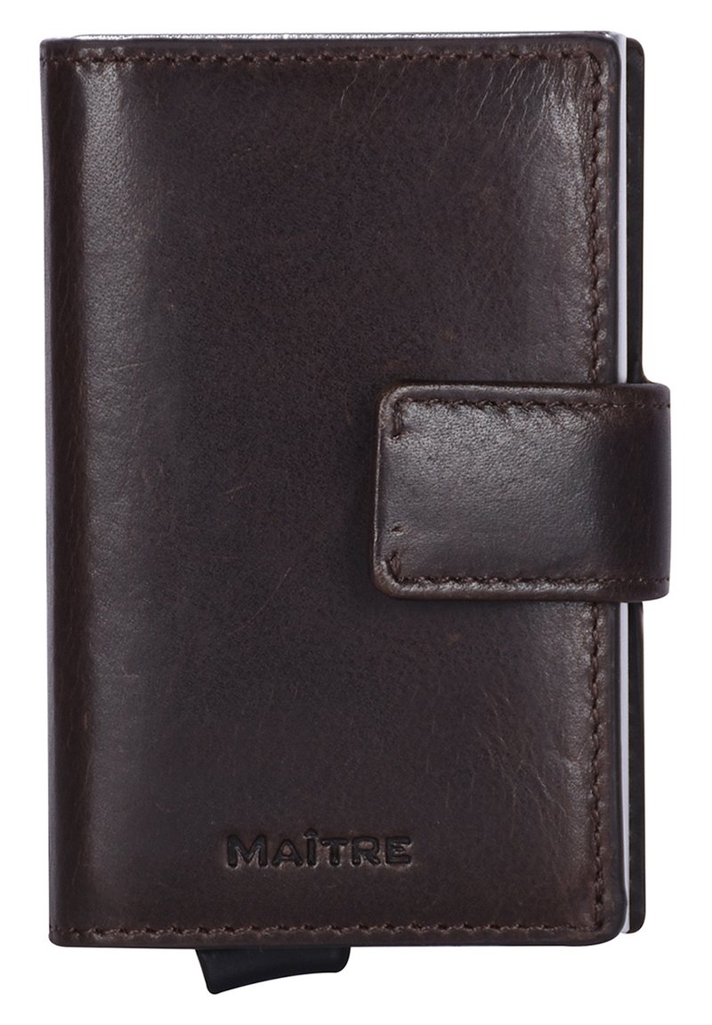 Dark brown leather wallet with a smooth texture, wraparound design, and a clasp closure. Features subtle stitching and the logo "MAÎTRE."