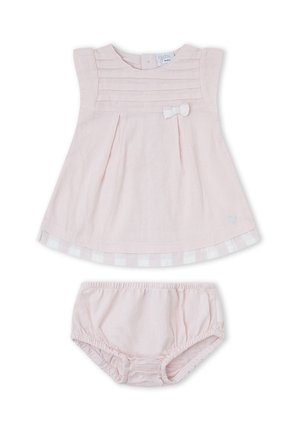 Vestido de bebé rosa claro con cuerpo plisado, pequeño lazo blanco, bajo a cuadros y pantalones de cintura elástica a juego.