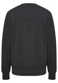 Donkergrijze trui, gemaakt van textuurstof. Heeft een ronde hals, lange mouwen en ribgebreide manchetten en zoom zonder zichtbare logo's of ontwerpen.