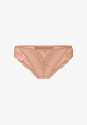 Beige kanten damesbikinislipje met bloemmotieven en kleine knoopdetails op het voorste middenpaneel.