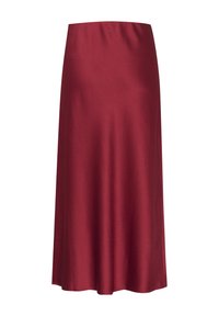 Jupe midi A-line en satin bourgogne avec une texture lisse, une taille élastique et un design fluide à longueur de genou.