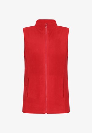 Vesta roșie din polar, cu guler mare, fermoar pe toată lungimea și două buzunare laterale. Textură netedă și design fără mâneci pentru ușurința mișcării.