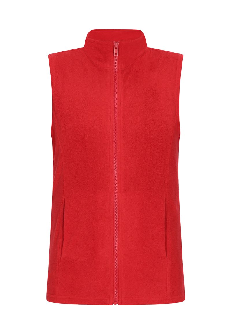 Rote Fleece-Weste mit hohem Kragen, durchgehendem Reißverschluss und zwei Seitentaschen. Glatte Textur und ärmelloses Design für Bewegungsfreiheit.