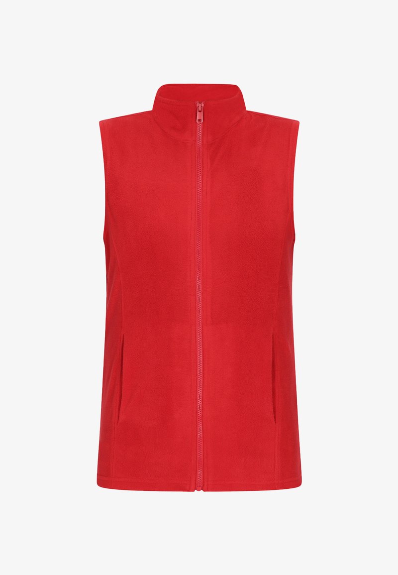 Rote Fleece-Weste mit hohem Kragen, durchgehendem Reißverschluss und zwei Seitentaschen. Glatte Textur und ärmelloses Design für Bewegungsfreiheit.