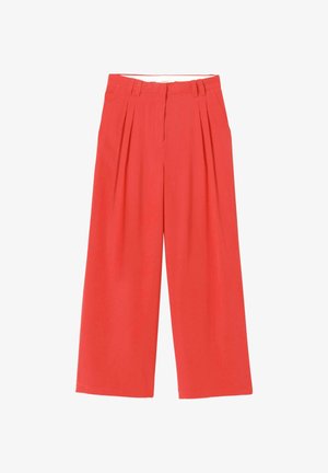 Pantalon rouge à jambes larges et taille haute avec plis avant et passants de ceinture, présenté à plat sur un fond blanc.