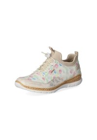 Lightweight sneaker with a translucent upper featuring colorful dots, gray accents, and a textured beige midsole. Closed lace design.