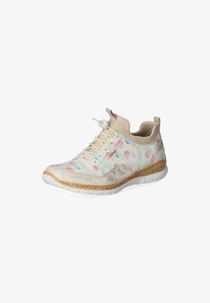 Lightweight sneaker with a translucent upper featuring colorful dots, gray accents, and a textured beige midsole. Closed lace design.