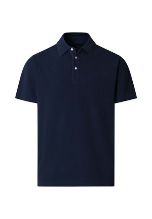 Polo bleu marine à manches courtes avec trois boutons blancs et un col classique, présenté sur un fond blanc.
