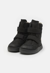 Bottines noires en cuir texturé, dotées de deux sangles Velcro réglables, d'une doublure douce et d'une semelle en caoutchouc pour une meilleure adhérence.
