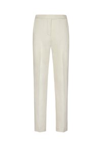 Pantaloni color crema con design a gamba dritta, realizzati in tessuto liscio. Presentano una piega frontale singola e una cintura nascosta.
