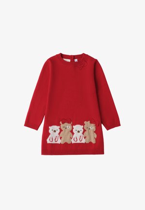 Abito rosso lavorato a maglia con maniche lunghe e collo a giro, caratterizzato da tre design di orsetti teddy all'orlo, due bianchi e uno marrone, con fiocchi.