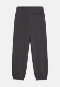 Gray sweatpants made from soft fabric, featuring an elastic waistband, cuffed ankles, and a back pocket for storage.