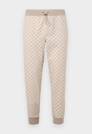 Beeži jopikud helepruuni geomeetrilise mustriga, soonikkoes vöökoht ja mansetid ning ees tõmmitsa pael.