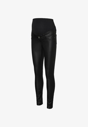 Maternity jeans in black faux leather with a smooth waistband, slim fit, and subtle stitching details along the sides.