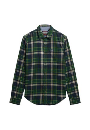 Lange mouwen overhemd met knopen in groen, marineblauw en wit ruitpatroon, met kraag en een klein logoplaatje op het linkerbovenzakje.