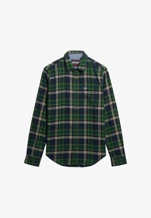 Lange mouwen overhemd met knopen in groen, marineblauw en wit ruitpatroon, met kraag en een klein logoplaatje op het linkerbovenzakje.