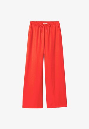 Pantalon rouge à jambes larges avec taille élastique et cordon, doté de poches latérales, présenté sur fond blanc.