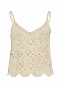 Top de ganchillo en color crema con un dobladillo en forma de escallón. Presenta patrones circulares en toda su superficie y tirantes ajustables finos. Tejido texturizado.