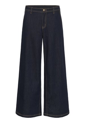 Wijdvallende donkerblauwe denim broek met een hoge taille, gouden stiksels, een sluiting met een knoop aan de voorkant en twee zijzakken. Zachte, gestructureerde stof.