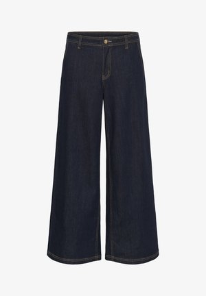 Lockere, dunkelblaue Jeans mit hoher Taille, goldenen Nähten, einem Knopfverschluss vorne und zwei Seitentaschen. Weicher, strukturierter Stoff.