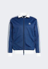 Marineblaue Sportjacke mit weißen Streifen an den Schultern und Manschetten, Reißverschluss und weichem Stoff mit klassischem Kragen.