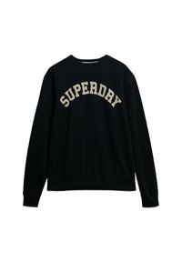 Sort sweatshirt med lange ærmer, rund hals og en struktureret stof. "SUPERDAY" trykt i beige hen over brystet i en buet form.