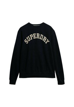 Sudadera negra de manga larga, con cuello redondo y una textura única. La palabra "SUPERDAY" está impresa en beige en el pecho en forma de arco.
