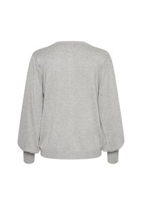 Pull en gris avec un col rond et des manches ballon. Fabriqué en tissu doux, il présente des poignets côtelés et un design simple et épuré.