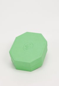 Green octagonal box made of textured paper, featuring a subtle embossed logo on the top and flat sides.