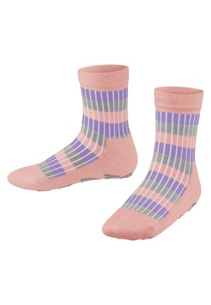 Rosa Knöchelsocken mit vertikalen Streifen in Lila, Grün und Pfirsich, einem gerippten Bündchen und einer strukturierten Sohle für einen besseren Halt.