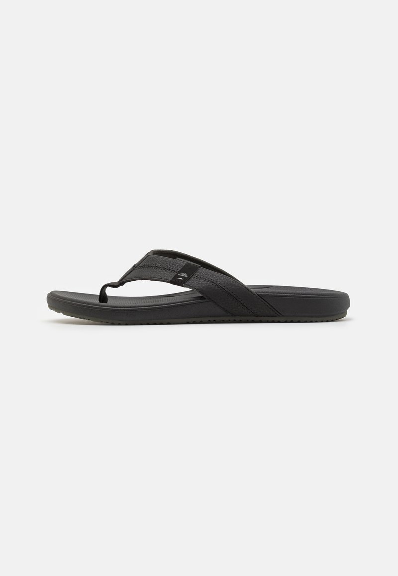 Black flip-flop featuring a textured strap with a logo accent, flat sole, and a minimalist design with smooth edges.