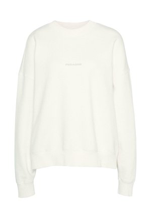 Biała bluza z okrągłym dekoltem, luźny krój, opadające ramiona i ściągacze na rękawach. Z przodu widnieje wytłoczone hasło "PEGADOR".