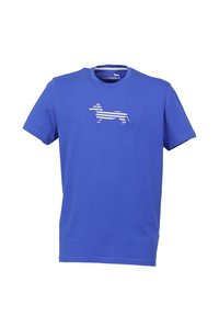 Blå bomulls t-shirt med en randig taxgrafik på bröstet. Korta ärmar och rundad halsringning. Enkel, avslappnad design.