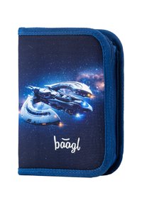 Blue zippered pencil case featuring a space-themed design with a spaceship, set against a starry background. The brand name "baāgl" is visible.