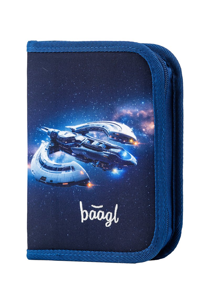 Blue zippered pencil case featuring a space-themed design with a spaceship, set against a starry background. The brand name "baāgl" is visible.