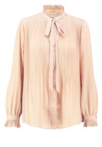 Vaaleanpunaista paitapuseroa, jossa on pitkät hihat, laskostettu kangas, korkea kaulus frilloilla ja ripustusnauha kauluksessa. Rypistetyt hihansuut.