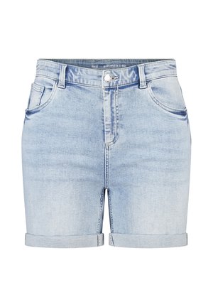 Shorts en denim bleu clair avec ourlets repliés, fermeture par bouton à l'avant et poches avant, présentés sur un fond blanc.