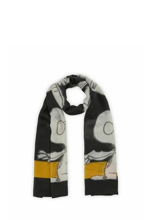 Écharpe noire et grise avec des accents jaunes et blancs, présentant un design graphique d'un personnage, fabriquée en tissu léger et lisse.