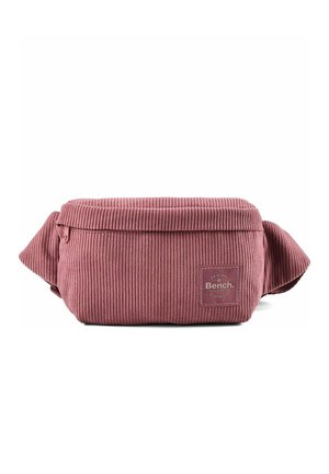 Rechthoekige dusty rose stoffen heuptas met geribbelde textuur, ritssluiting en een vierkante Bench kledingmerk patch aan de voorkant.